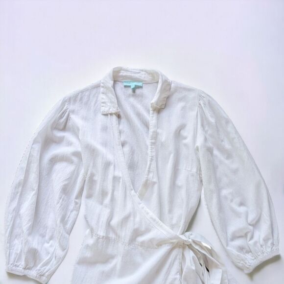 MELISSA ODABASH Paige Linen Cotton Blend Ruffled Balloon Sleeve Wrap Dress Sz L - Picture 7 of 12